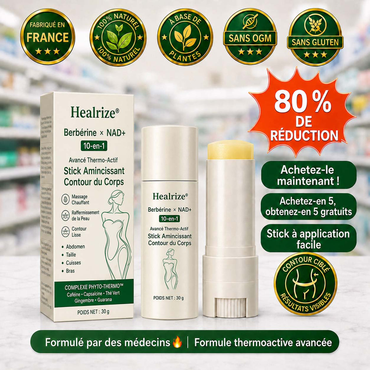 🌱 Formulé par des professionnels de santé | 𝐇𝐞𝐚𝐥𝐫𝐢𝐳𝐞® Bérbérine × NAD+ Stick Minceur Thermo-Actif Avancé 10-en-1 pour le Remodelage Corporel